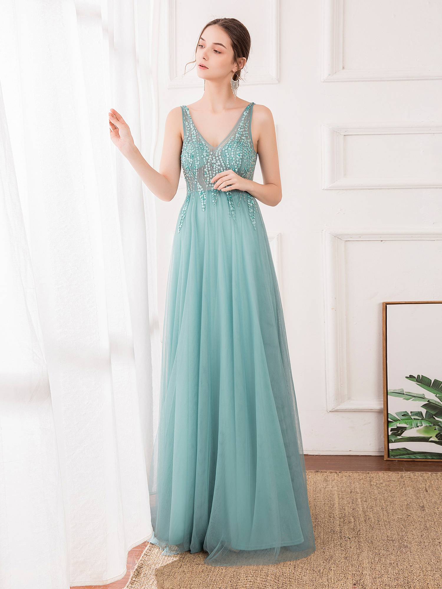 Ever-Pretty US See-through V Neck Long Bridesmaid Dress Formal Evening Ball Gown