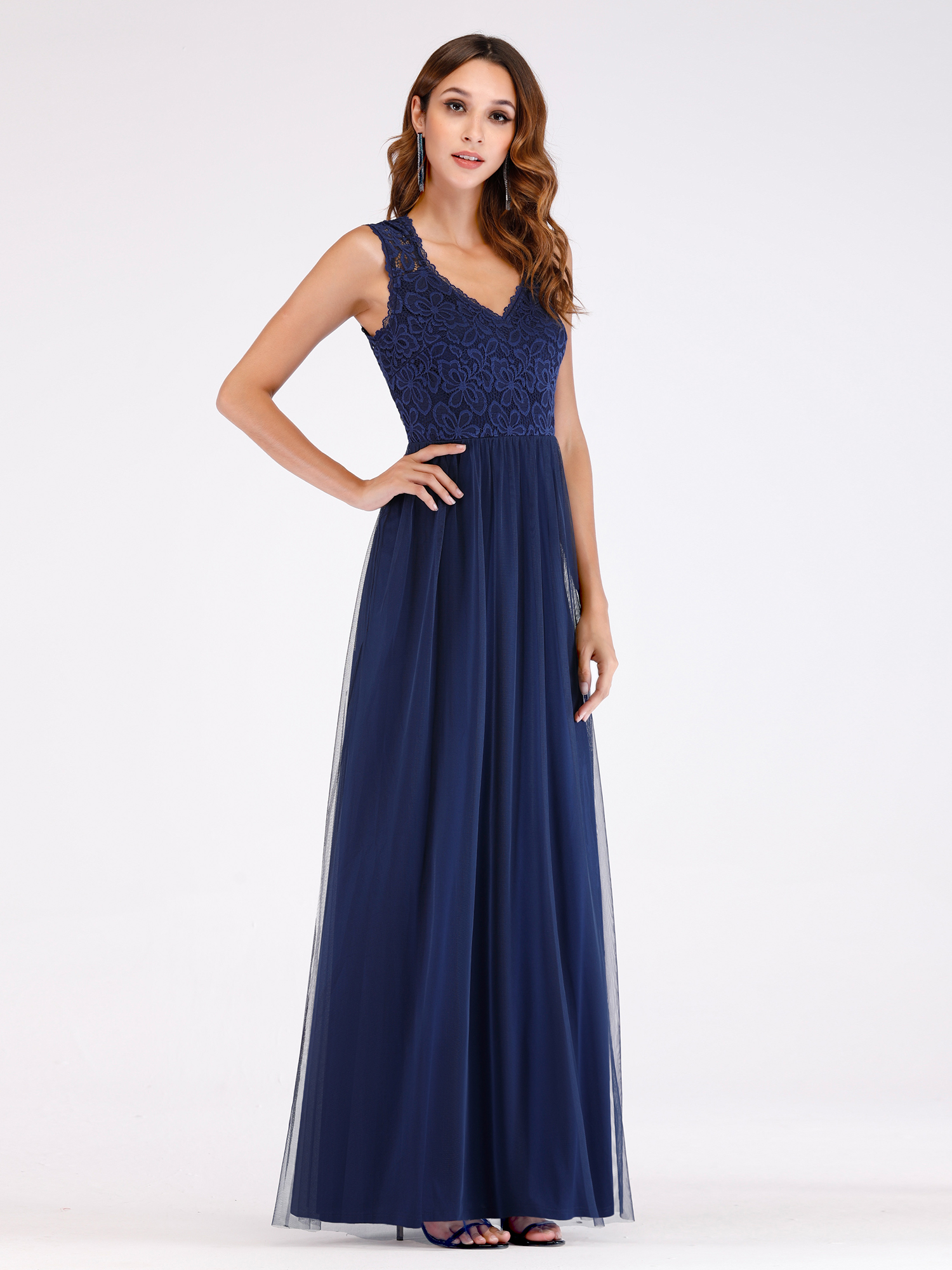 Ever-Pretty Long Lace Navy Blue Cocktail Prom Gowns V-neck Bridesmaid Dresses