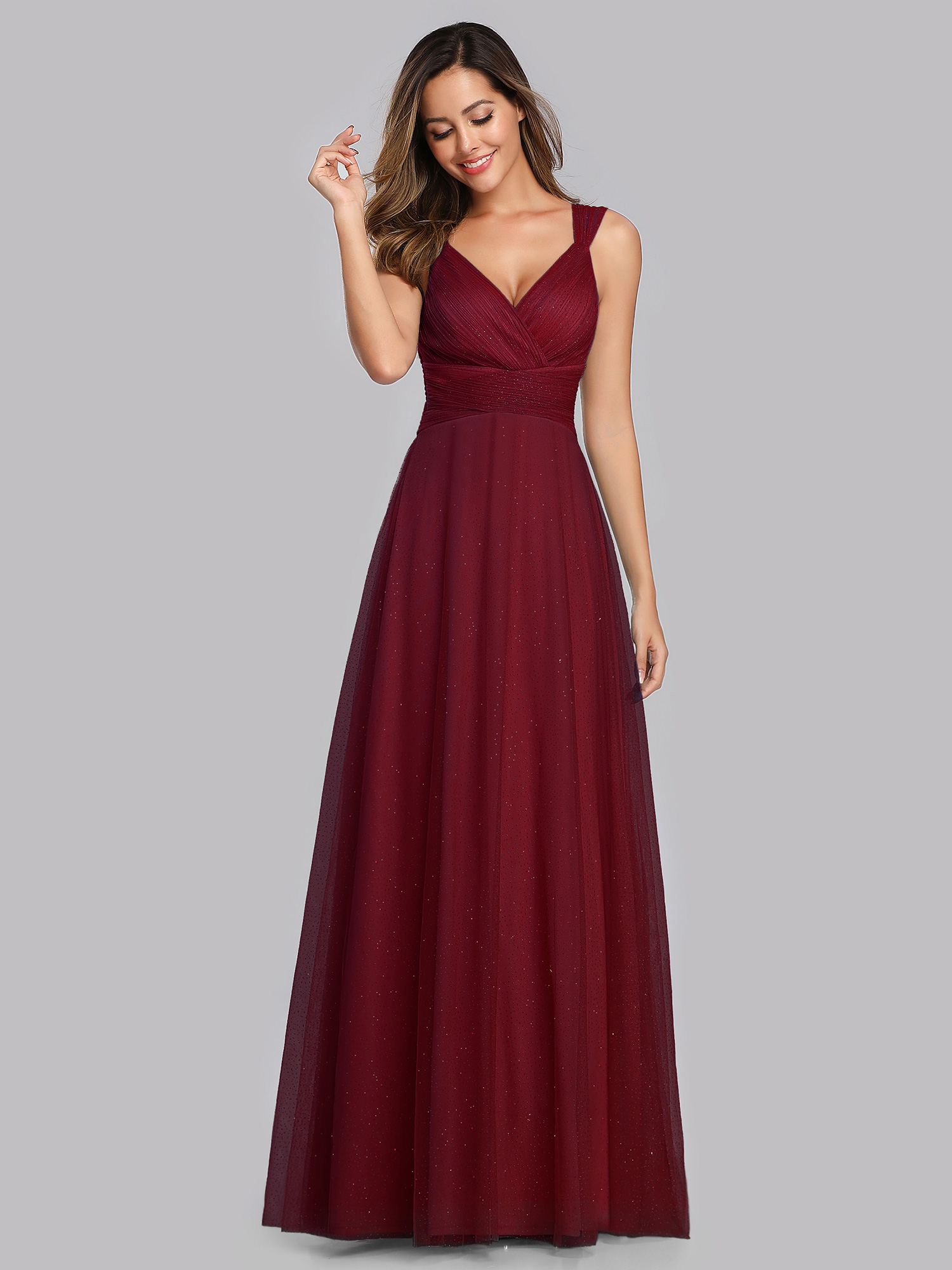 Ever-Pretty Burgundy V-neck Bridesmaid Dresses Backless A-line Wedding Prom Gown