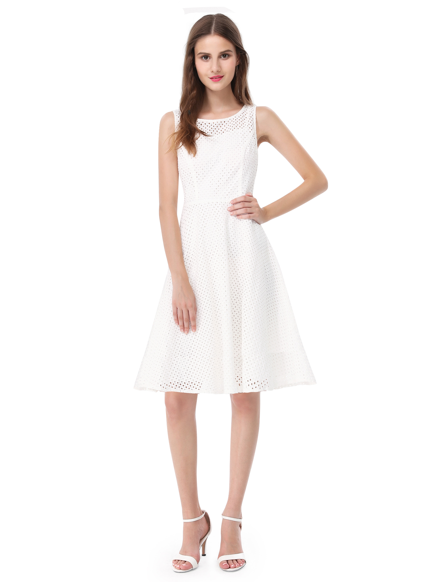 Alisa Pan Women Casual Round Neck Sleeveless A Line Gown Short White 9994