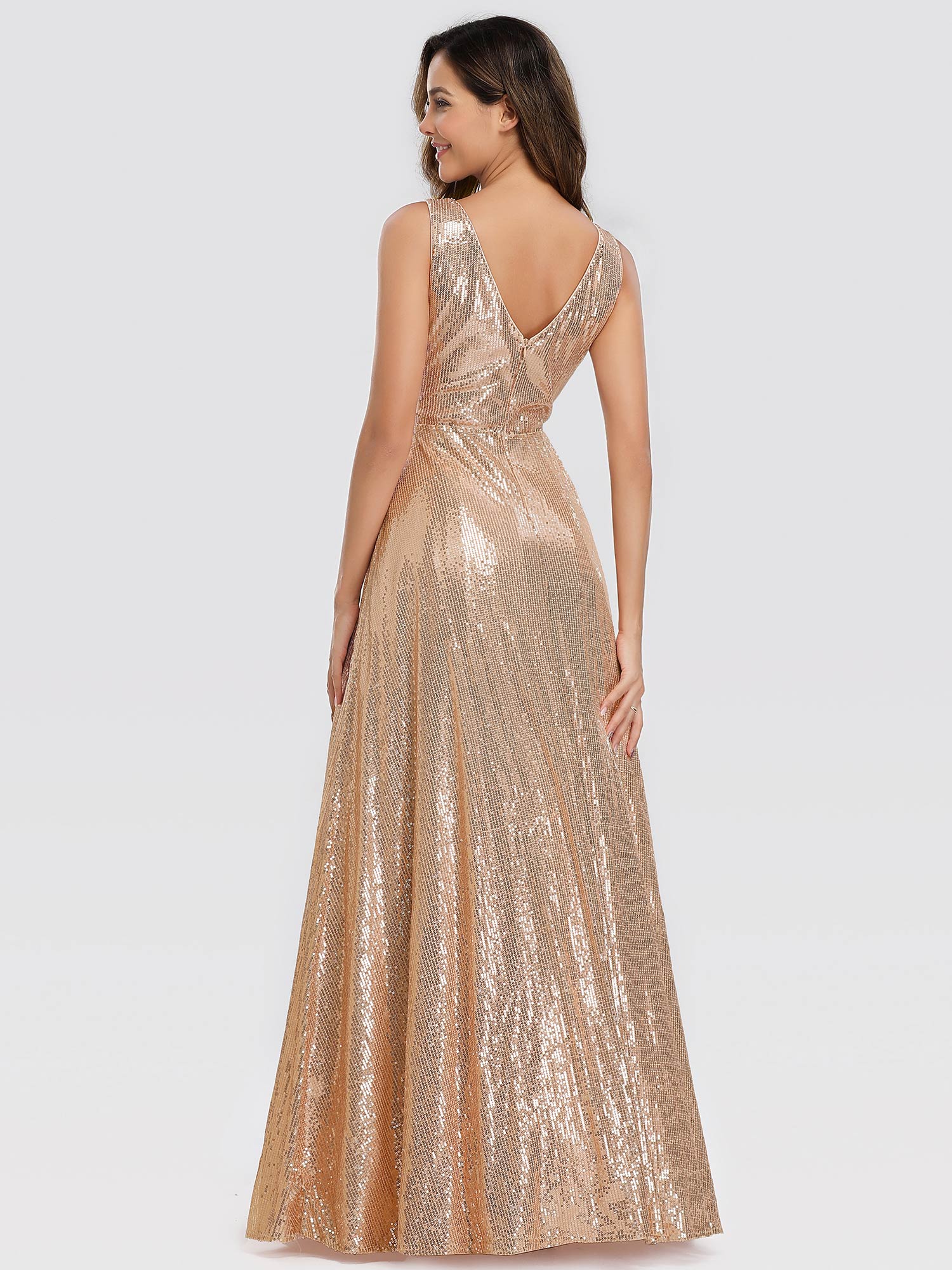 EverPretty US Rose Gold VNeck Long Evening Dresses Wedding Pageant