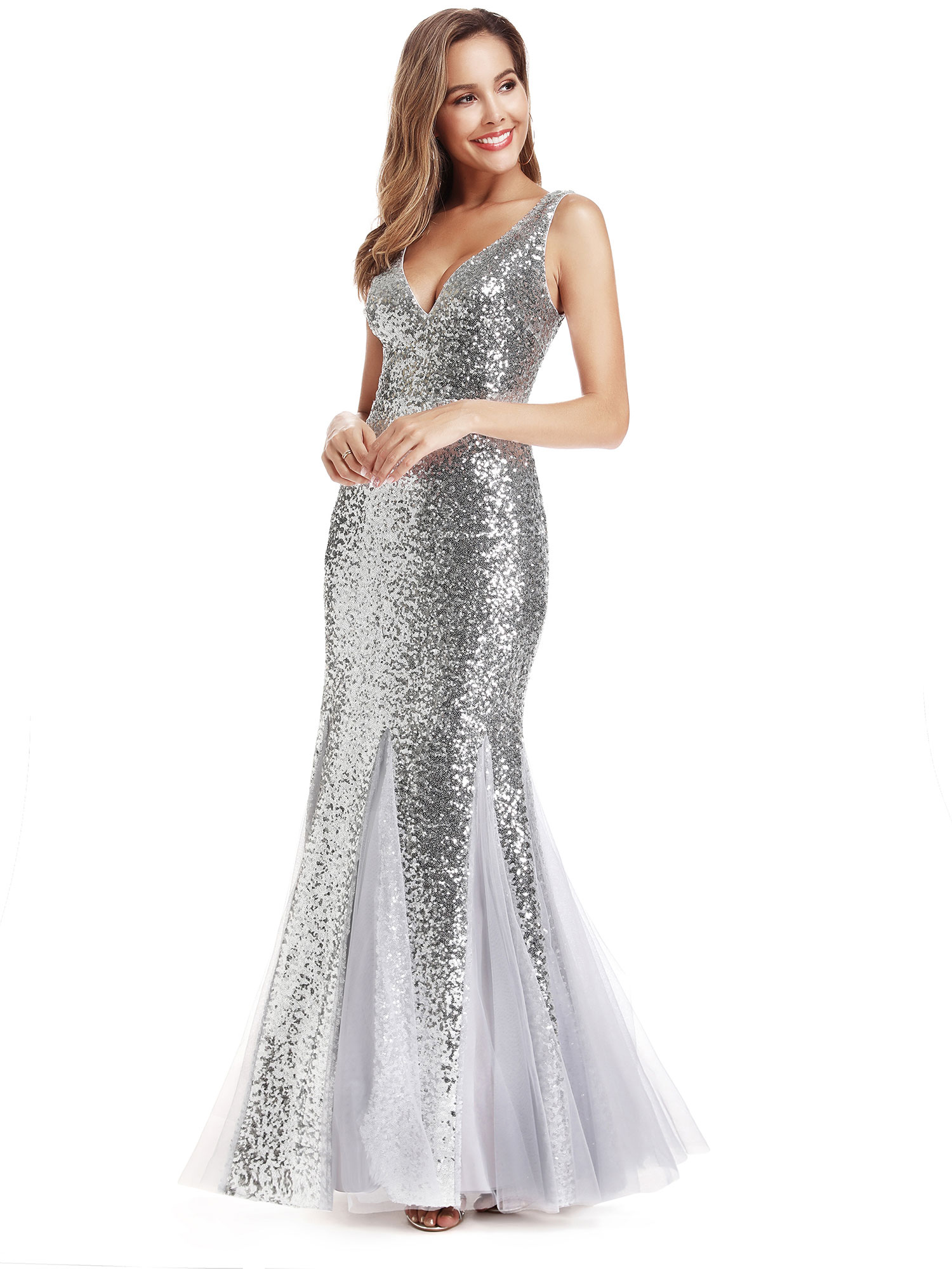 Ever-Pretty V-neck Fishtail Wedding Gowns Long Sliver Mesh Cocktail