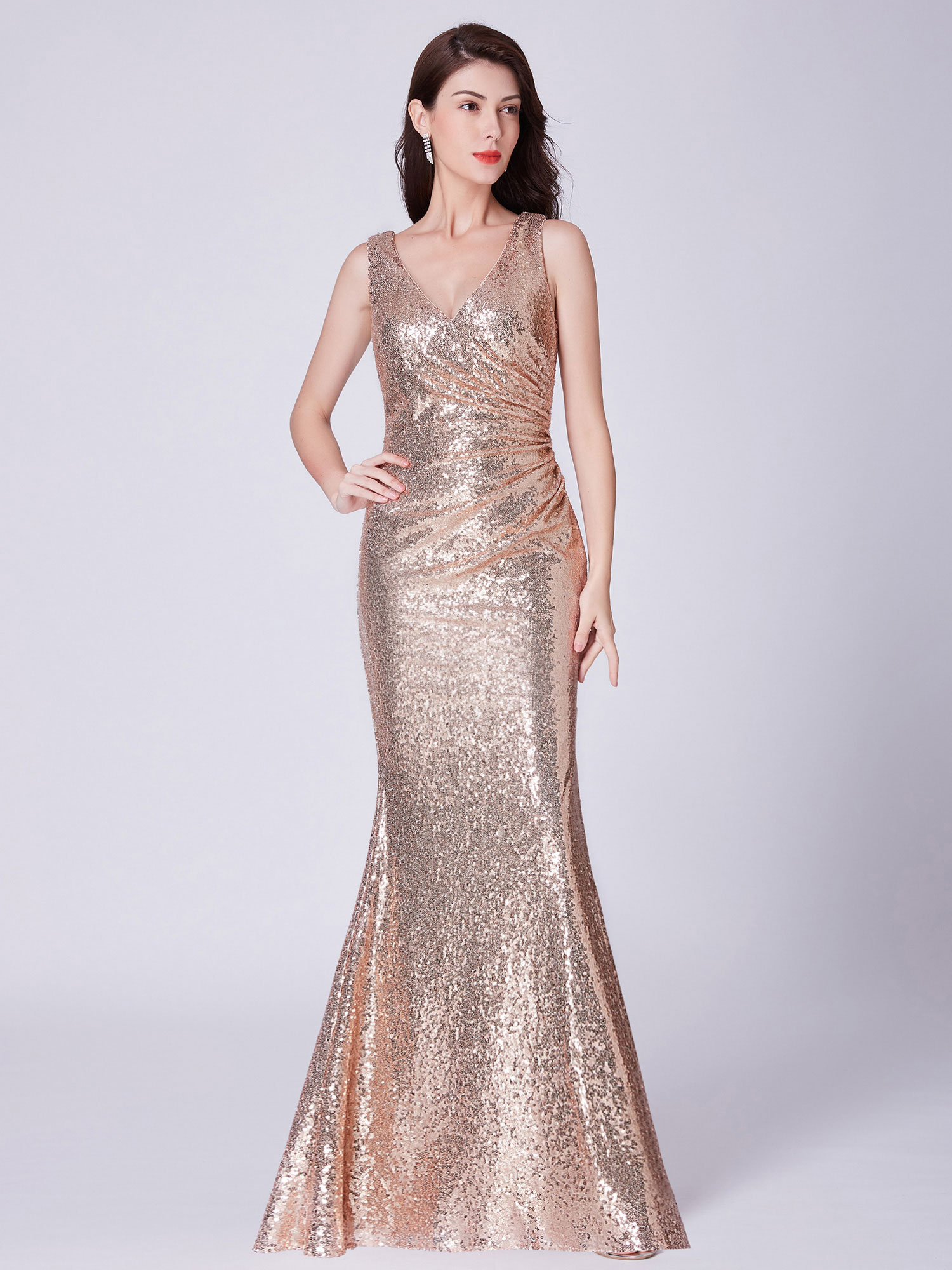 EverPretty V Neck Long Formal Sequin WeddingGuest Party Dresses Rose