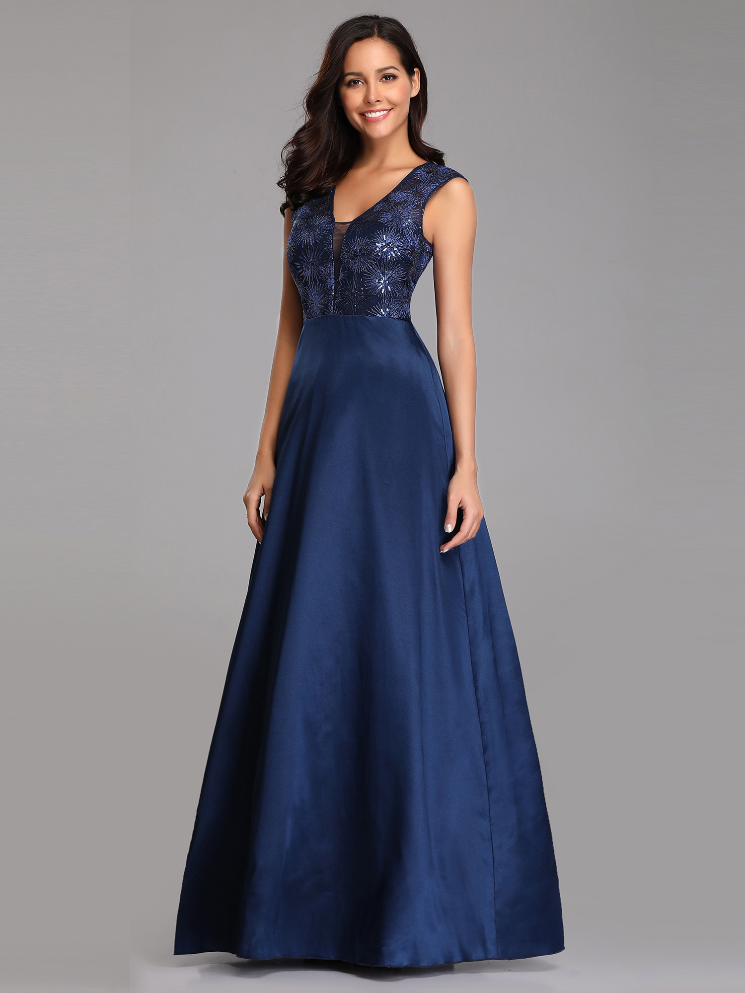 Everpretty Long Sleeveless Applique Formal Evening Gowns Navy Blue A